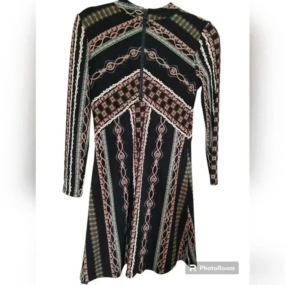 Free People Stella Black Patterned Mock Neck Long Sleeve Mini Dress XS - Picture 9 of 10
